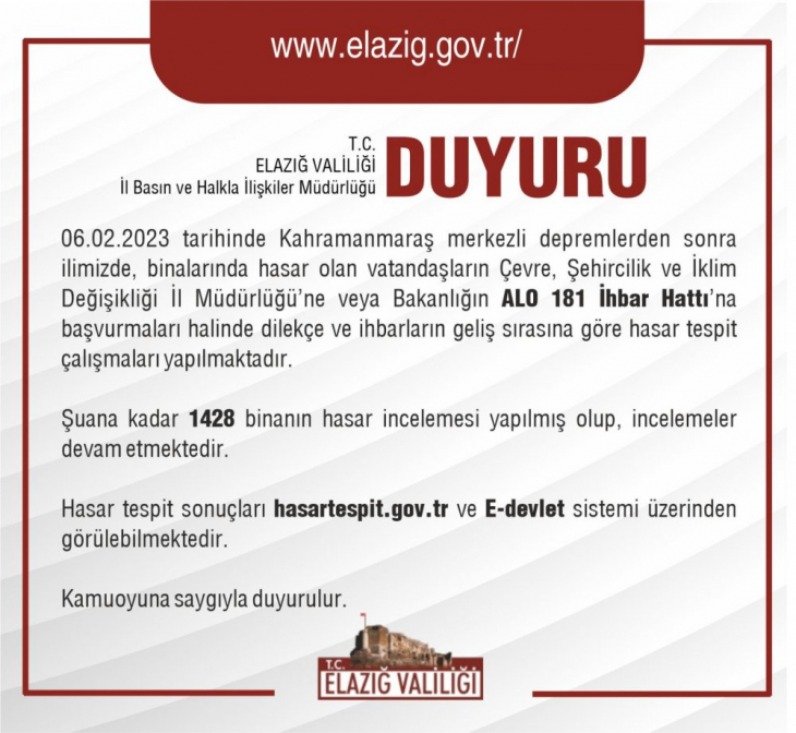 Elazığ Valiliği hasar tespit çalışmalarında son durumu açıkladı 