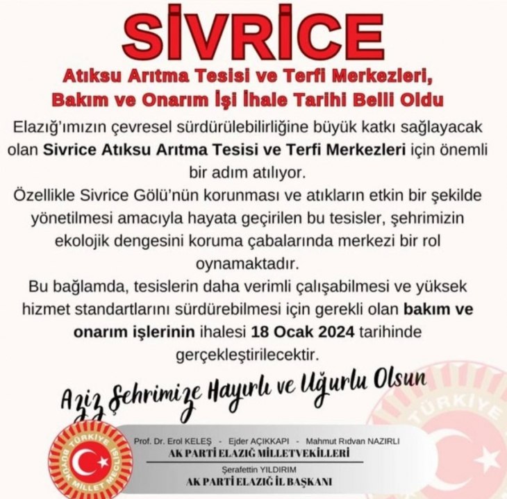 Sivrice Atıksu Arıtma Tesisi bakım ve onarım işi ihalesi 18 Ocak'ta